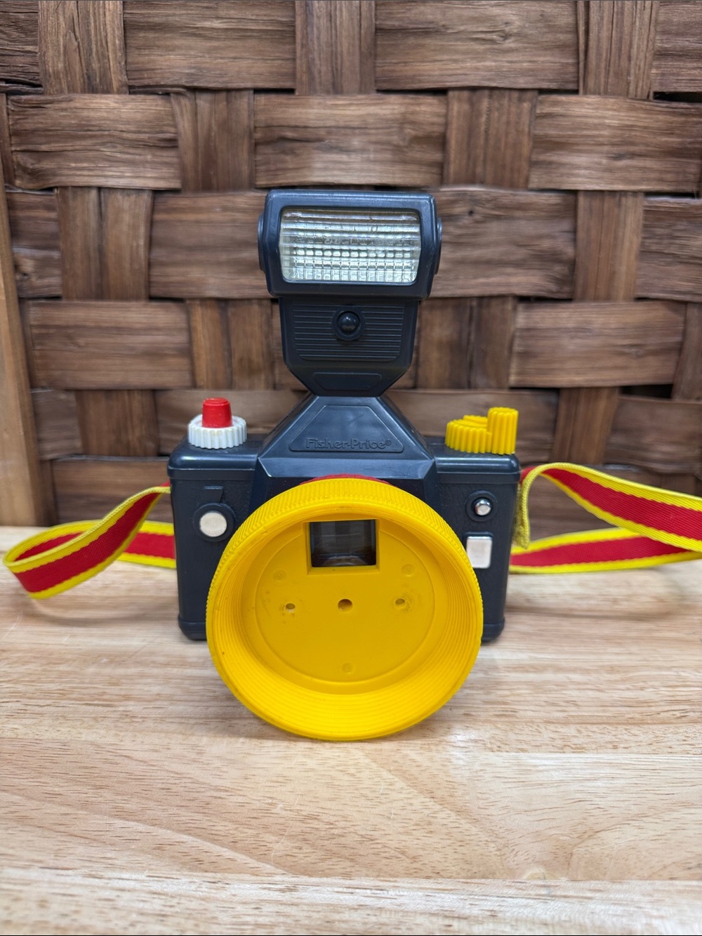 1988 Vintage Fisher-Price Black Toy Camera with Yellow Lens and Red-Trim Strap
